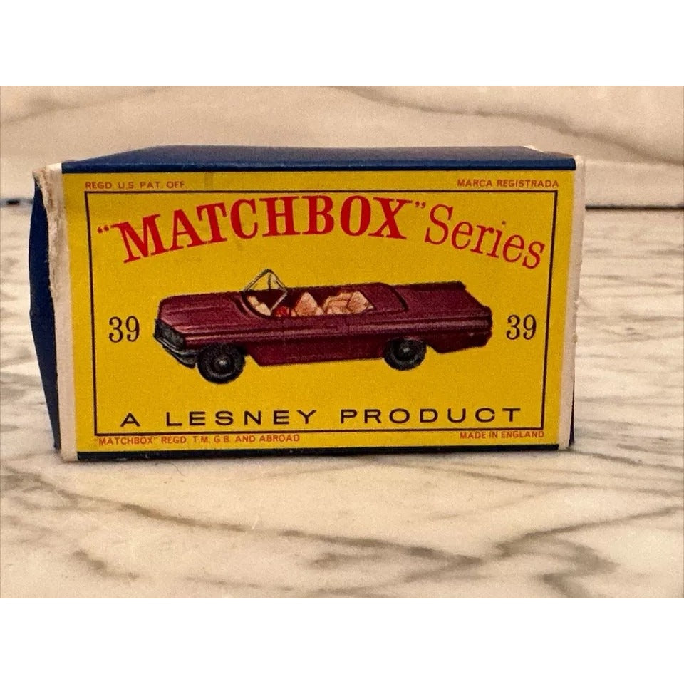 VTG ORIGINAL Lesney Matchbox No. 39 YELLOW PONTIAC CONVERTIBLE w/ Original Box