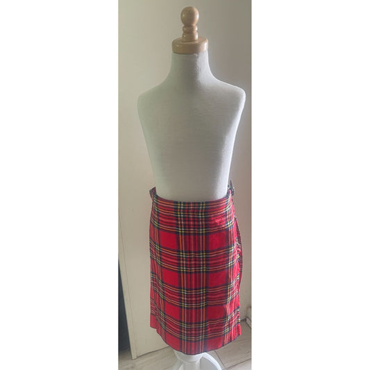 Vintage Red Tartan Wool Kilt Skirt With Buckle Closure & Pin