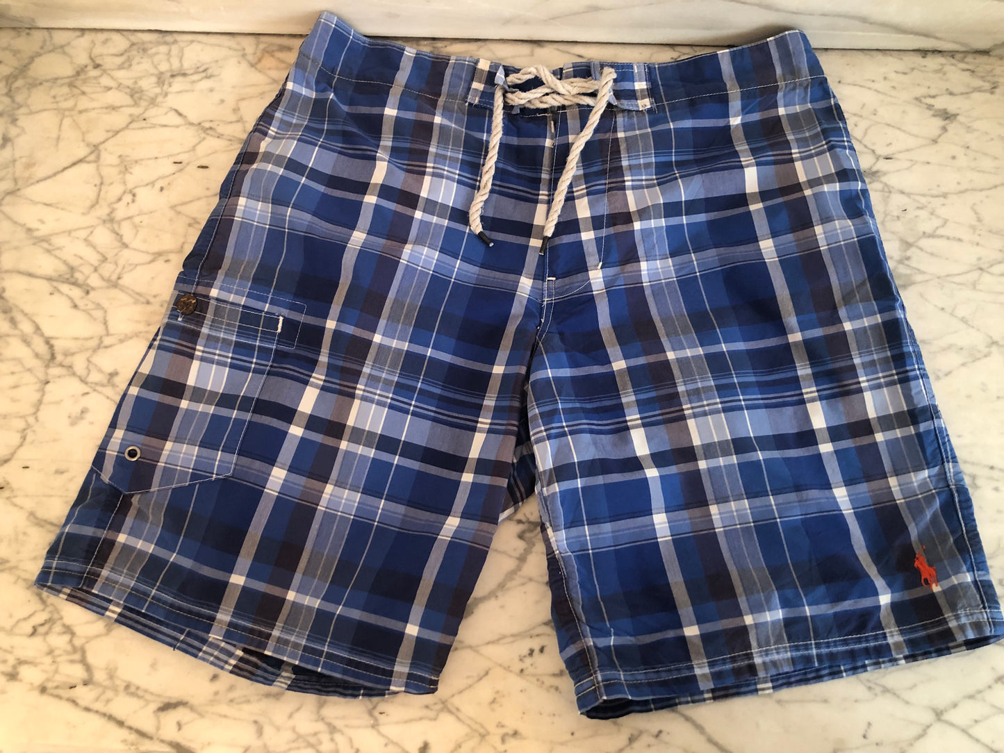 EUC VTG Polo Ralph Lauren Blue Plaid Swimwear Trunks- mens sz 32 (Unlined)