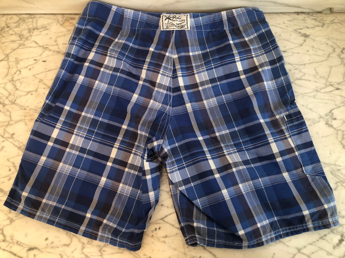 EUC VTG Polo Ralph Lauren Blue Plaid Swimwear Trunks- mens sz 32 (Unlined)