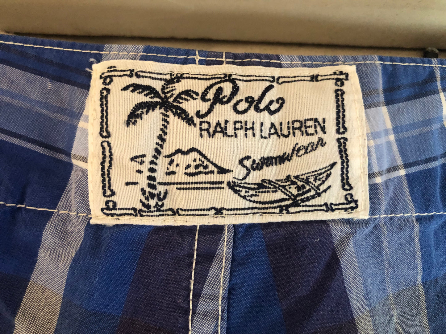 EUC VTG Polo Ralph Lauren Blue Plaid Swimwear Trunks- mens sz 32 (Unlined)