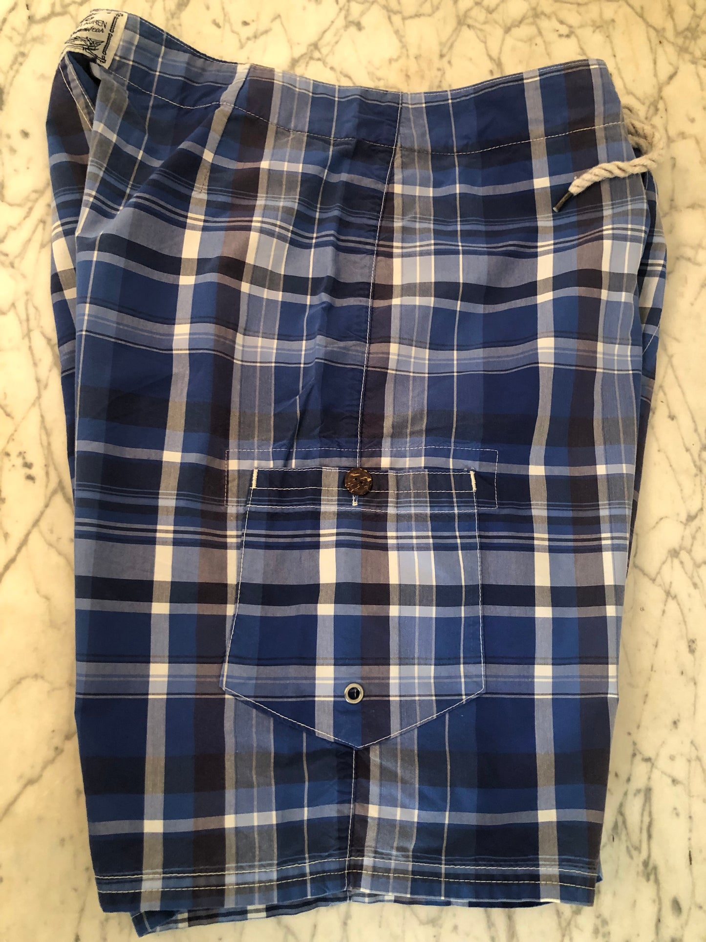 EUC VTG Polo Ralph Lauren Blue Plaid Swimwear Trunks- mens sz 32 (Unlined)