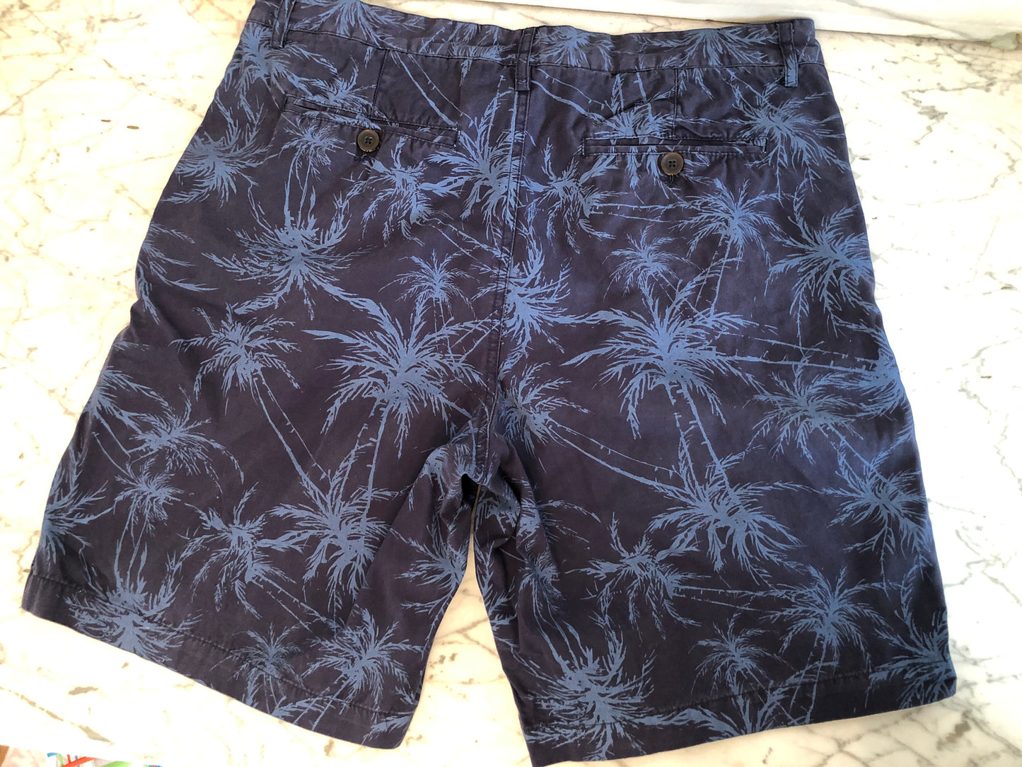 EUC Steel & Jelly Flat Front Chino Shorts - mens sz 34 - Navy Blue w/ Palm trees